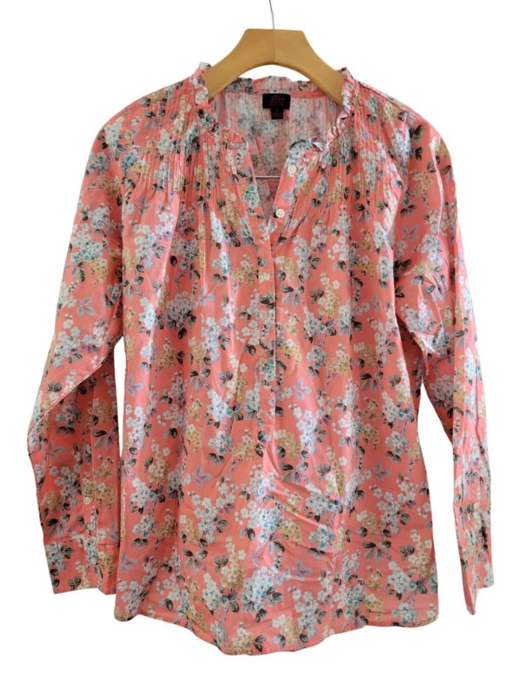 J. Crew Womens Liberty Print Orange Pink floral Ruffle blouse size 6 Cottagecore